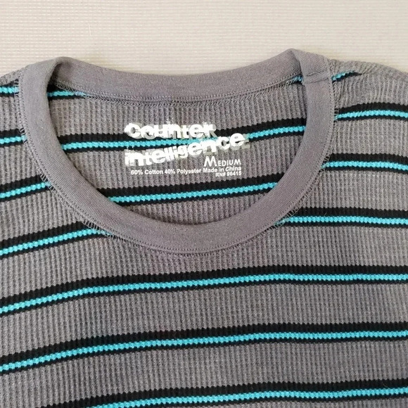 Thermal Shirt Crewneck Cotton Blend Gray Blue Stri - Picture 2 of 5